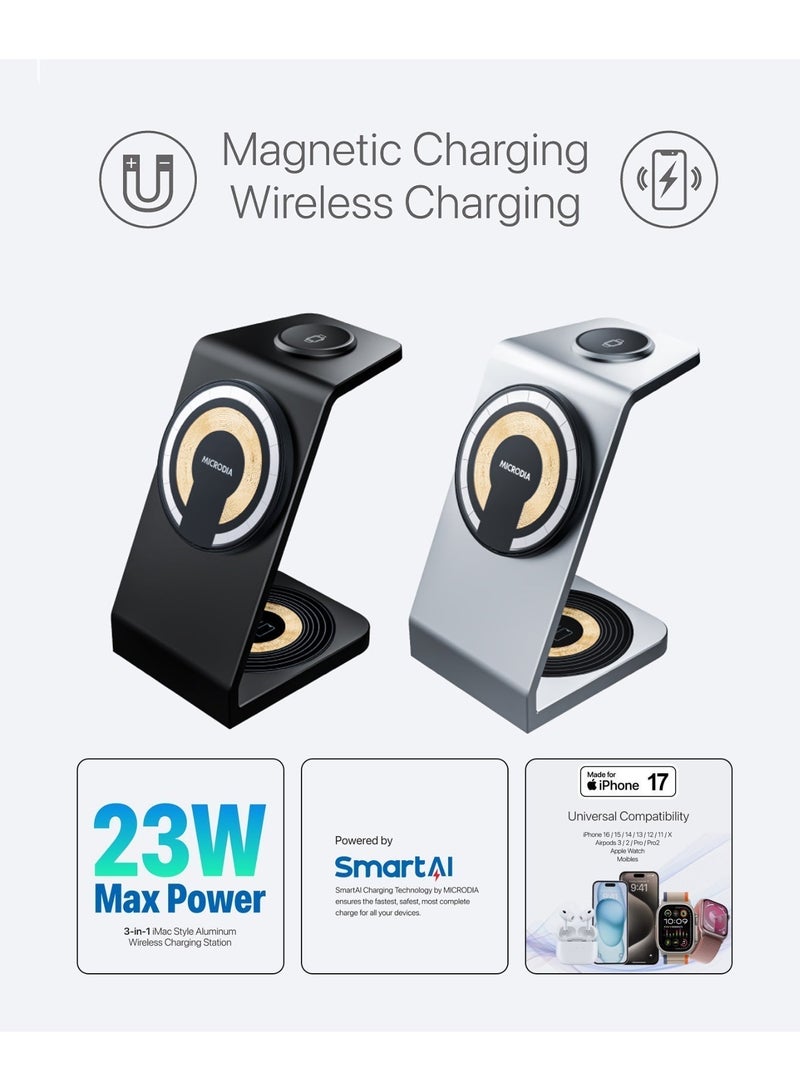 MICRODIA 【MICRODIA 】 SNAPStation Aluminaire 23W 3-in-1 Magnetic Wireless Charging Station - Fast MagSafe Dock for iPhone 15/14/13/12, Watch & AirPods - Image 2